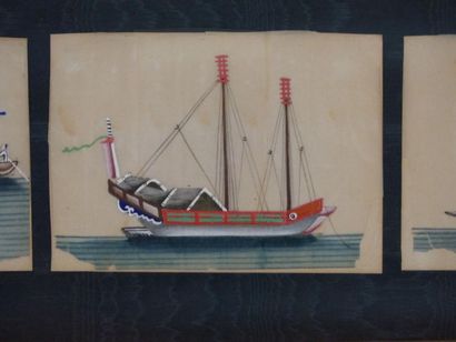 Chine. Suite de 6 navires . Gouache sur papier...