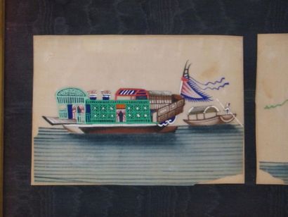 Chine. Suite de 6 navires . Gouache sur papier...
