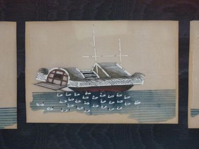 Chine. Suite de 6 navires . Gouache sur papier...