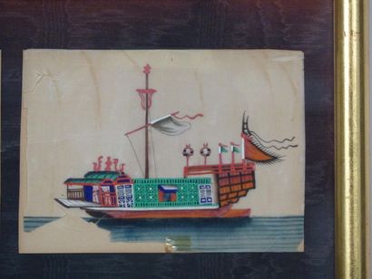 Chine. Suite de 6 navires . Gouache sur papier...