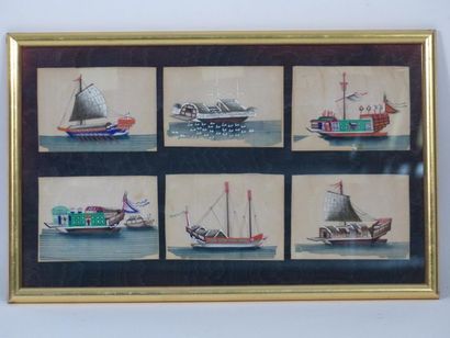 Chine. Suite de 6 navires . Gouache sur papier...