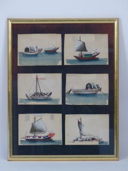 CHINE. Navires. Gouaches sur papier de riz
Chine....