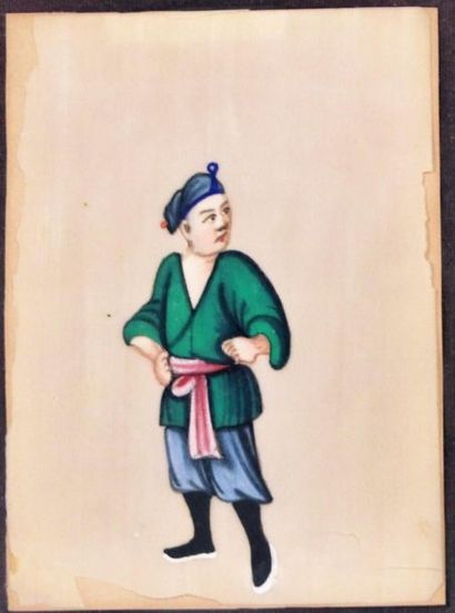 CHINE. 8 Personnages. GOuache sur appier...