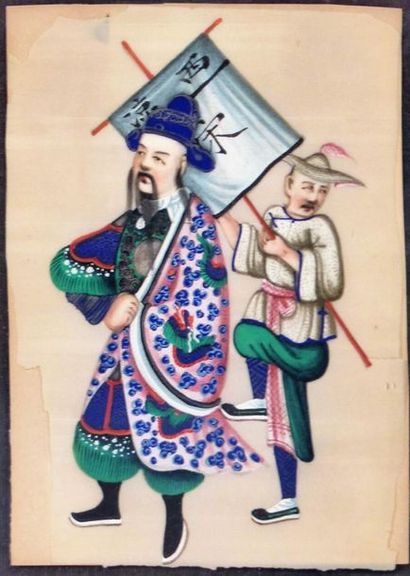 CHINE. 8 Personnages. GOuache sur appier...