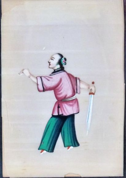 CHINE. 8 Personnages. GOuache sur appier...