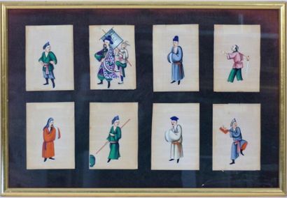 CHINE. 8 Personnages. GOuache sur appier...