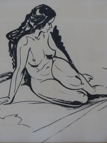 Nu assis, encre sur papier signée en bas...
