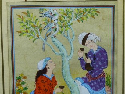 IRAN. Conversation au jardin. Gouache sur...