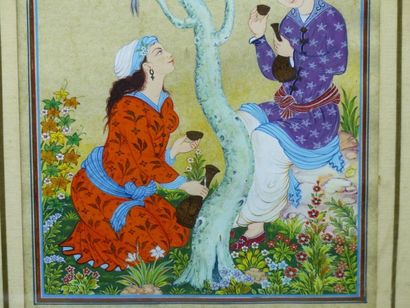 IRAN. Conversation au jardin. Gouache sur...
