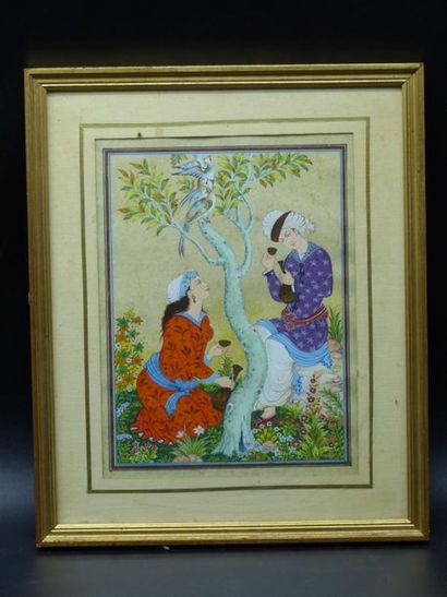 IRAN. Conversation au jardin. Gouache sur...