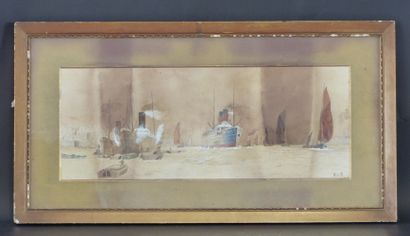 Ecole XXème siècle, Paquebots au port, aquarelle...