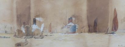 Ecole XXème siècle, Paquebots au port, aquarelle...