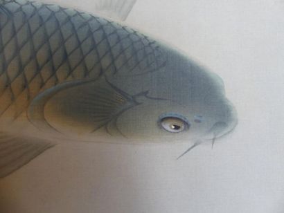 Peinture figurant des carpes koï
JAPON. kakemono....