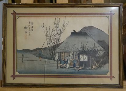 JAPON. Scène de pêcheurs. Estampe. Ebncadré...