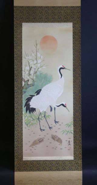 Peinture figurant des grues
JAPON Kakemono...