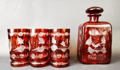 Red Bohemian glass service with engraved...