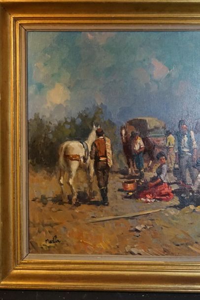 MERLIN. Gypsy camp. Oil on canvas signed...