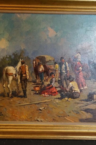 MERLIN. Gypsy camp. Oil on canvas signed...