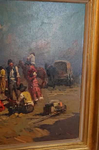 MERLIN. Gypsy camp. Oil on canvas signed...