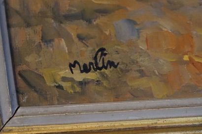 MERLIN. Gypsy camp. Oil on canvas signed...