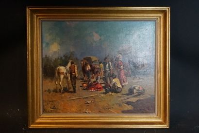 MERLIN. Gypsy camp. Oil on canvas signed...