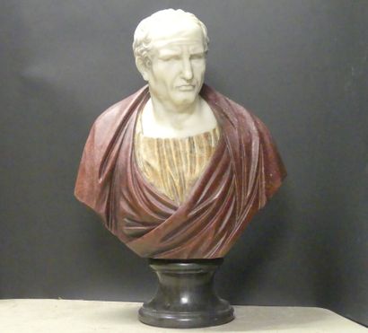Important buste en marbre polychrome de dignitaire...