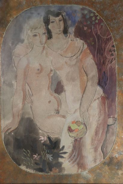 École XXe siècle. Deux femmes nues. Aquarelle...