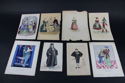 [DESSIN], Costumes. Lot de 9 gravures aquarellées...