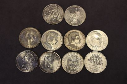 Réunion de dix pièces de 100F en argent de...