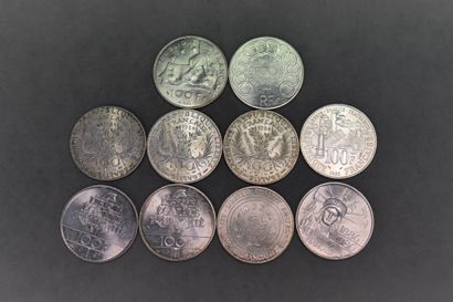 Réunion de dix pièces de 100F en argent de...