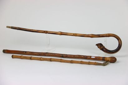 ASIE. Canne en bois gravée représentant des...