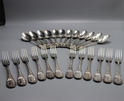 SILVER. Twelve forks and twelve spoons in...
