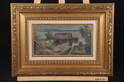 Heinz BALMER.(XXe) BOOTHAUS TWANN. Huile...