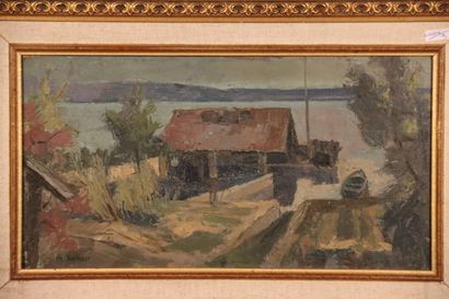 Heinz BALMER.(XXe) BOOTHAUS TWANN. Huile...