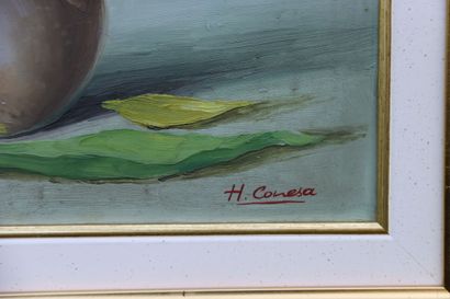 H. CONESA ? Nature morte. Huile sur panneau....