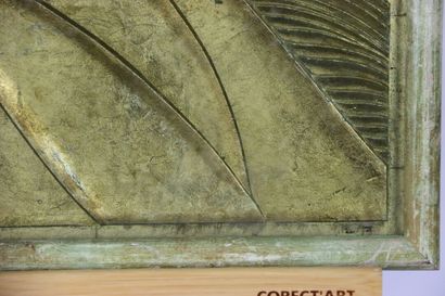 Engraved glass panel, lacquered with gold....