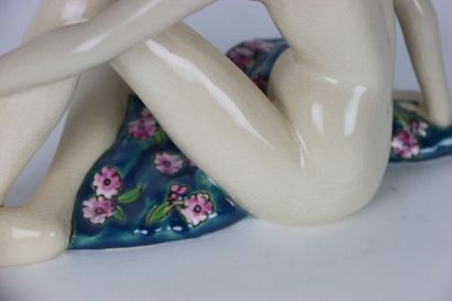 Large ceramic in crackle and polychrome enamels...