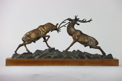 Irénée ROCHARD. Combat of stags in the rocailles,...