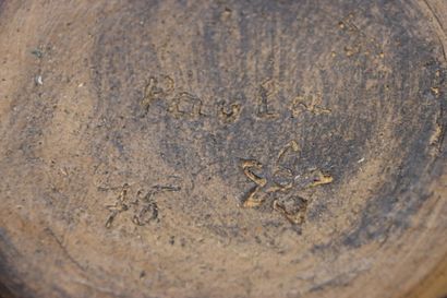 Large round terracotta dish, orange enamel...
