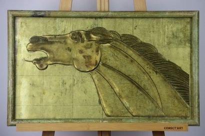 Engraved glass panel, lacquered with gold....