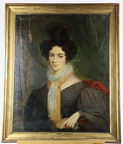 École du XIX, portrait d'une élégante. Huile...