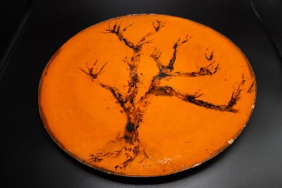 Large round terracotta dish, orange enamel...