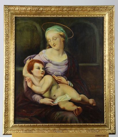 School of the XIXth. Virgin and child. Oil...