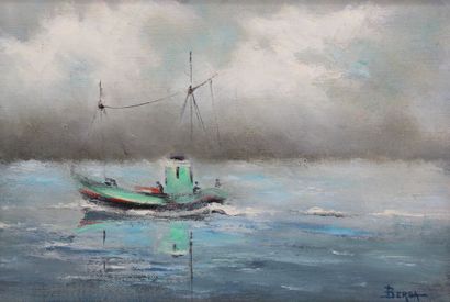 BERGA (XXth). Marine with stormy sky. Oil...