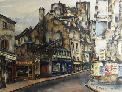 G. DELATOUCHE (XXth). Street scene. Watercolor....