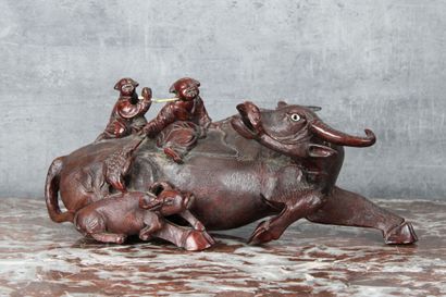 CHINA. Buffalo and its buffalo, surmounted...