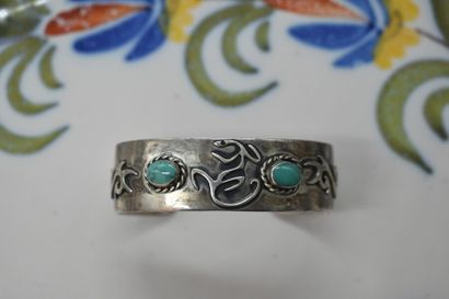 Silver ring 825 with tribal motifs and cabochons...