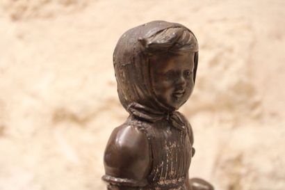 Young child and his basket, Bronze, signed...