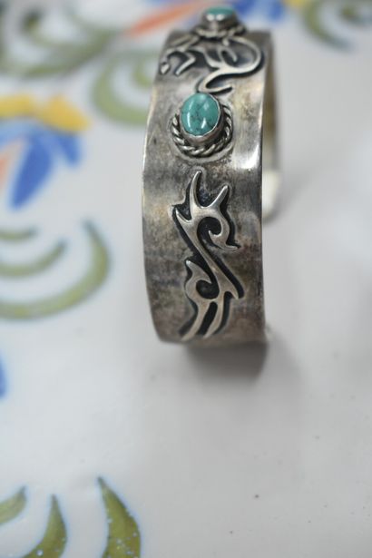 Silver ring 825 with tribal motifs and cabochons...