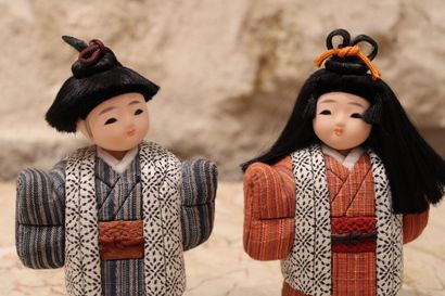 JAPAN. Set of two small kimono dolls made...